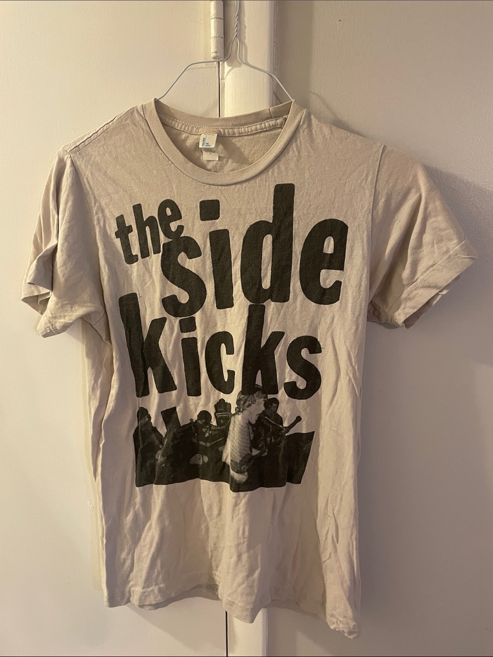 Tultex Beige T‑Shirt with Black "the side kicks" Band Graphic